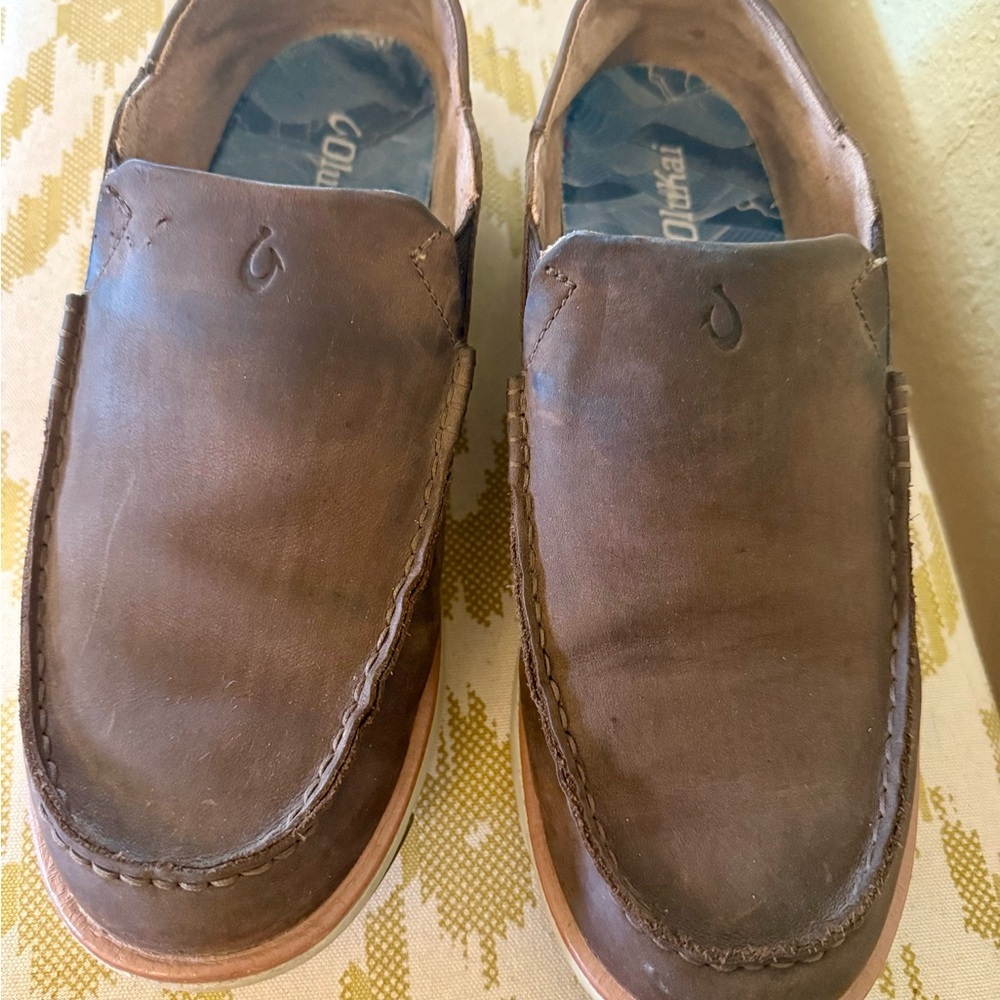OluKai Brown Leather Slip-On Loafers